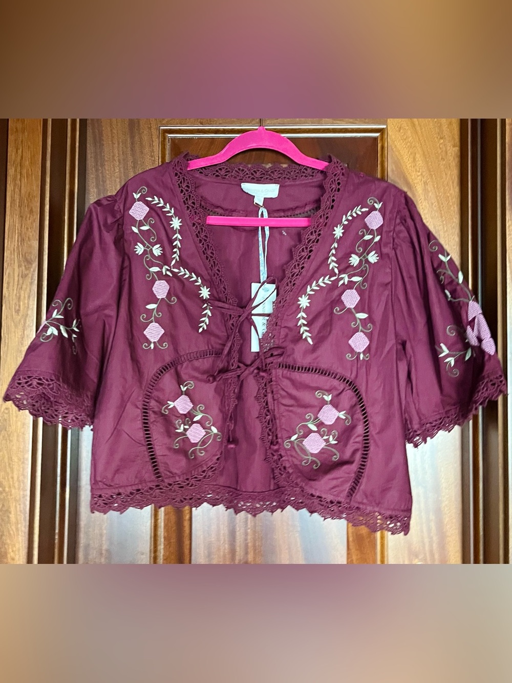 Jennifer & Grace Burgundy New Maroon Cross Stitch Embroidery Top S (Sezane